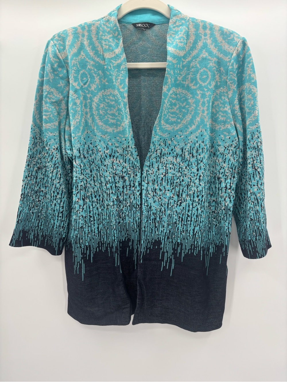 Misook Aqua & Black Ombré Mixed Print Open-Front Cardigan Jacket Size LP